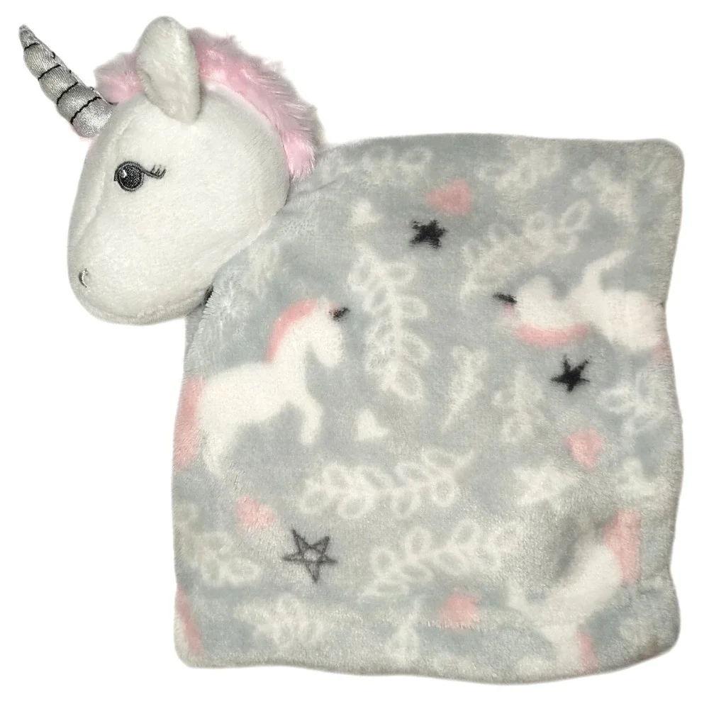 Hudson Baby Gray Pink Unicorn Security Blanket Lovey Fleece LN Girl Star White